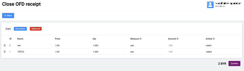Close receipt confirmation with cart